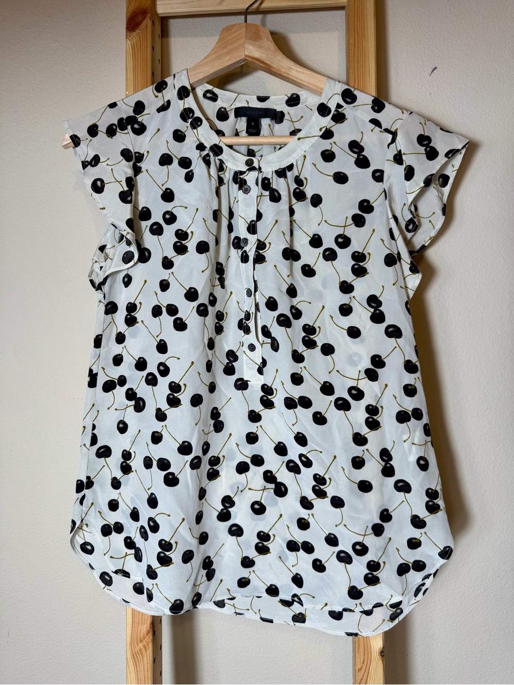 J. Crew 100% Silk Cherry Print Flutter Sleeve Blouse Top size XS